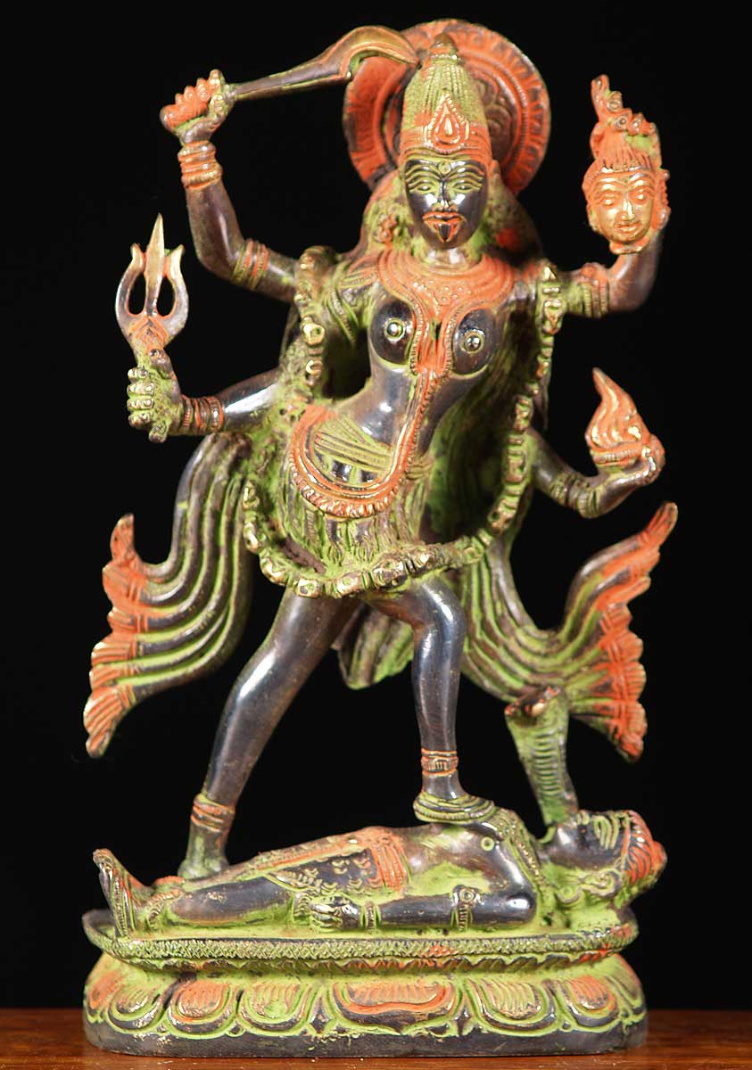 Brass Enraged Kali on Shiva's Corpse 9.5"